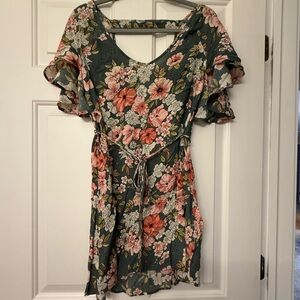 Billabong Green Floral Romper with Coral and Cream Blooms